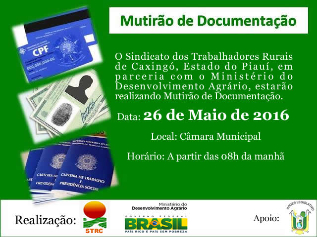 Câmara Municipal sediará mutirão de documentação, neste dia 26 de Maio