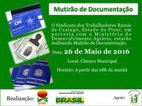 Câmara Municipal sediará mutirão de documentação, neste dia 26 de Maio